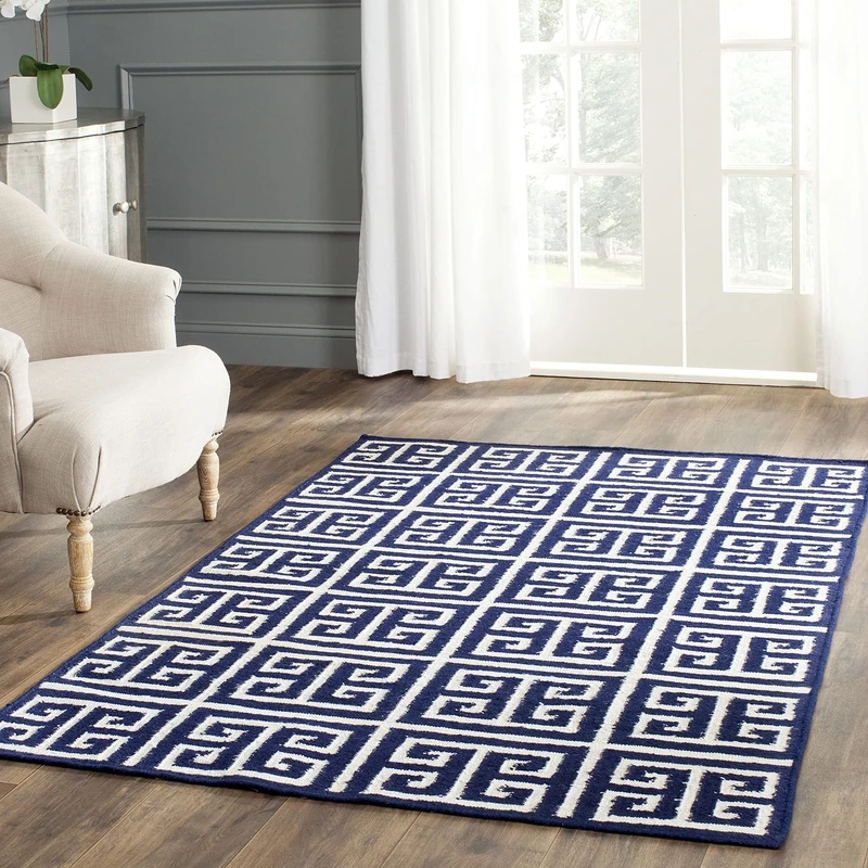 SAFAVIEH Contemporary Rug for Living Room, Dining Room, Bedroom - Dhurrie Collection, Short Pile, in Navy and Ivory, 122 X 183 cm