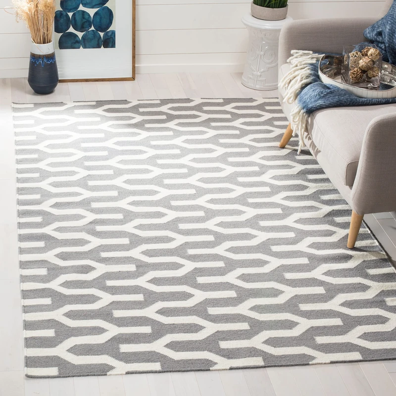 Safavieh Contemporary Indoor Flatweave Rectangle Area Rug, Dhurrie Collection, DHU630, in Silver / Ivory, 91 X 152 cm for Living Room, Bedroom or Any Indoor Space