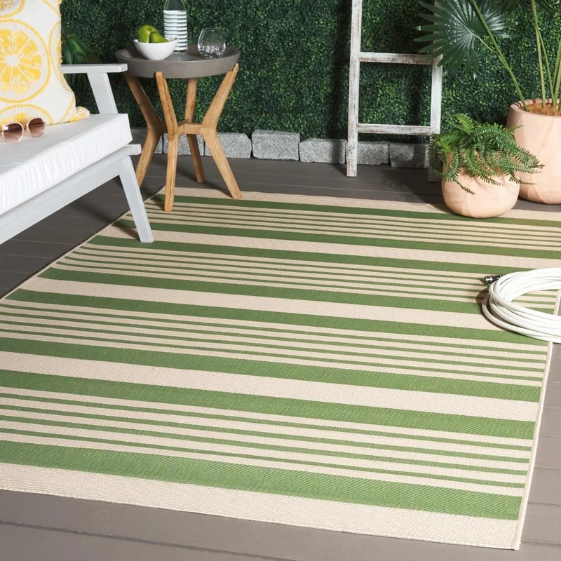 Safavieh Striped Indoor/Outdoor Woven Rectangle Area Rug, Courtyard Collection, CY6062, in Green / Beige, 122 X 170 cm for Garden, Patio or Any Outdoor Space