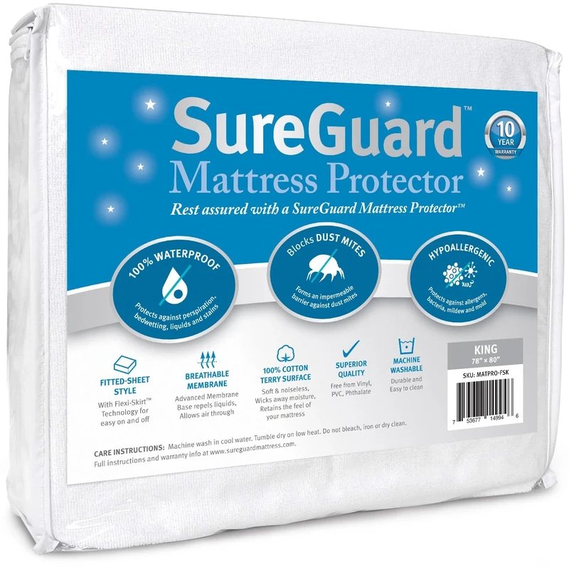 SureGuard King Size Mattress Protector - 100% Waterproof, Hypoallergenic - Premium Fitted Cotton Terry Cover