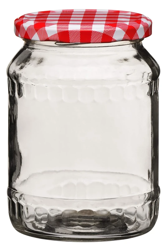 Premier Housewares Clear Glass Jar with Red Gingham Lid - 630ml/ Clear Glass Base and Gingham Lid/Easy to Clean Jars/Organizing Glass Jars/Glass Jars With Lids/ W10 x D10 x H13cm/ Weight 0.178.