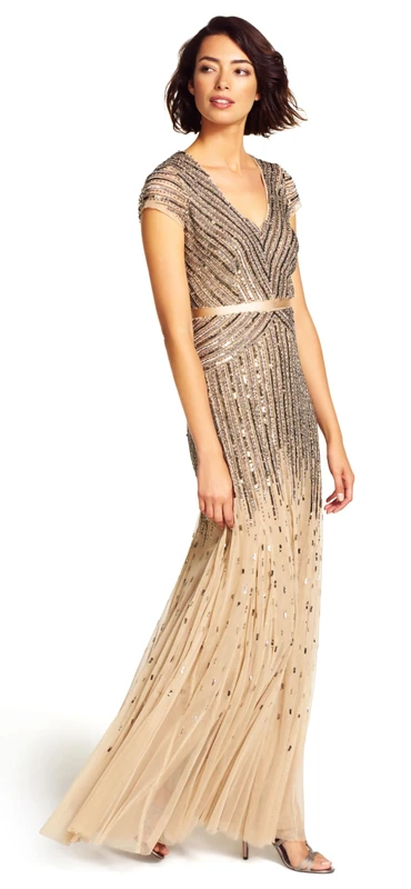 Adrianna Papell womens092868950Long Beaded V-Neck Dress with Cap Sleeves and Waistband Short-Sleeve Dress - Beige - 16