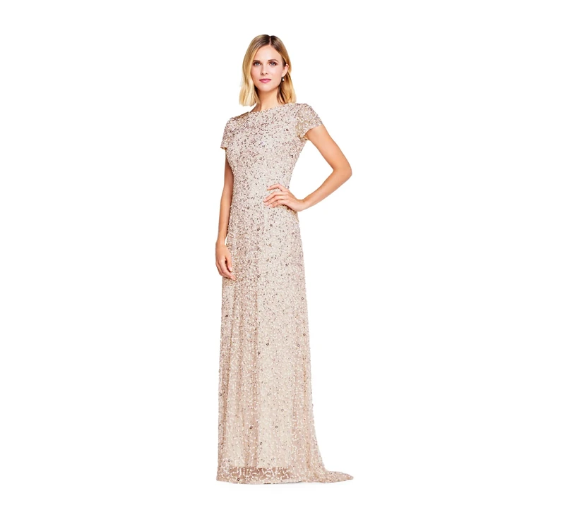 Adrianna Papell Women's Short Sleeve All Over Sequin Gown, Blush, 4