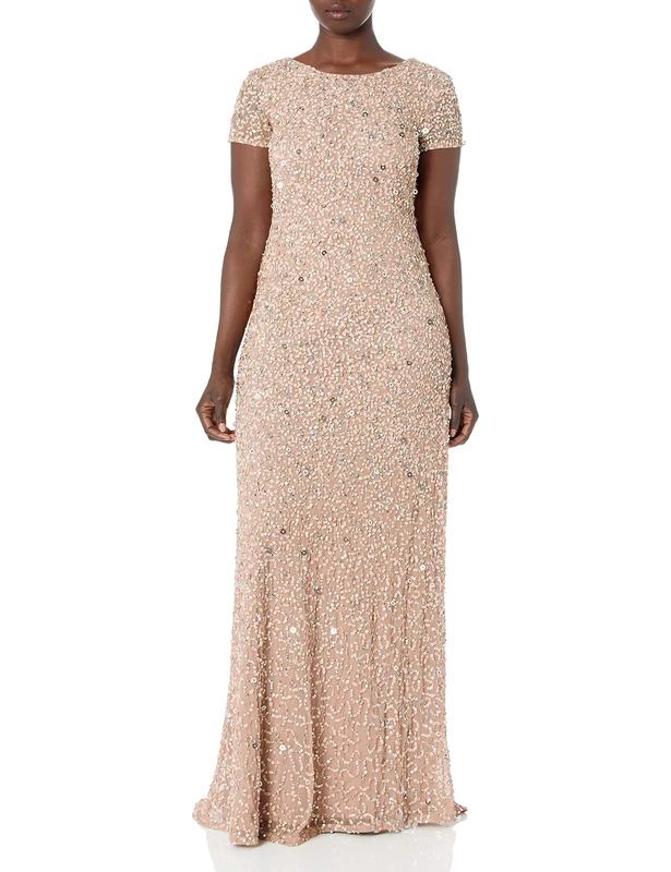 Adrianna Papell Women's Short-Sleeve All Over Sequin Gown Formal Night Out Dress, Blush, 22