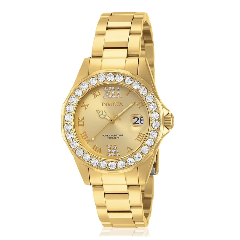 Invicta Pro Diver 15252 Women's Watch - Waterproof - Analogue - Quartz Movement - stainless steel with gold dial - 38mm
