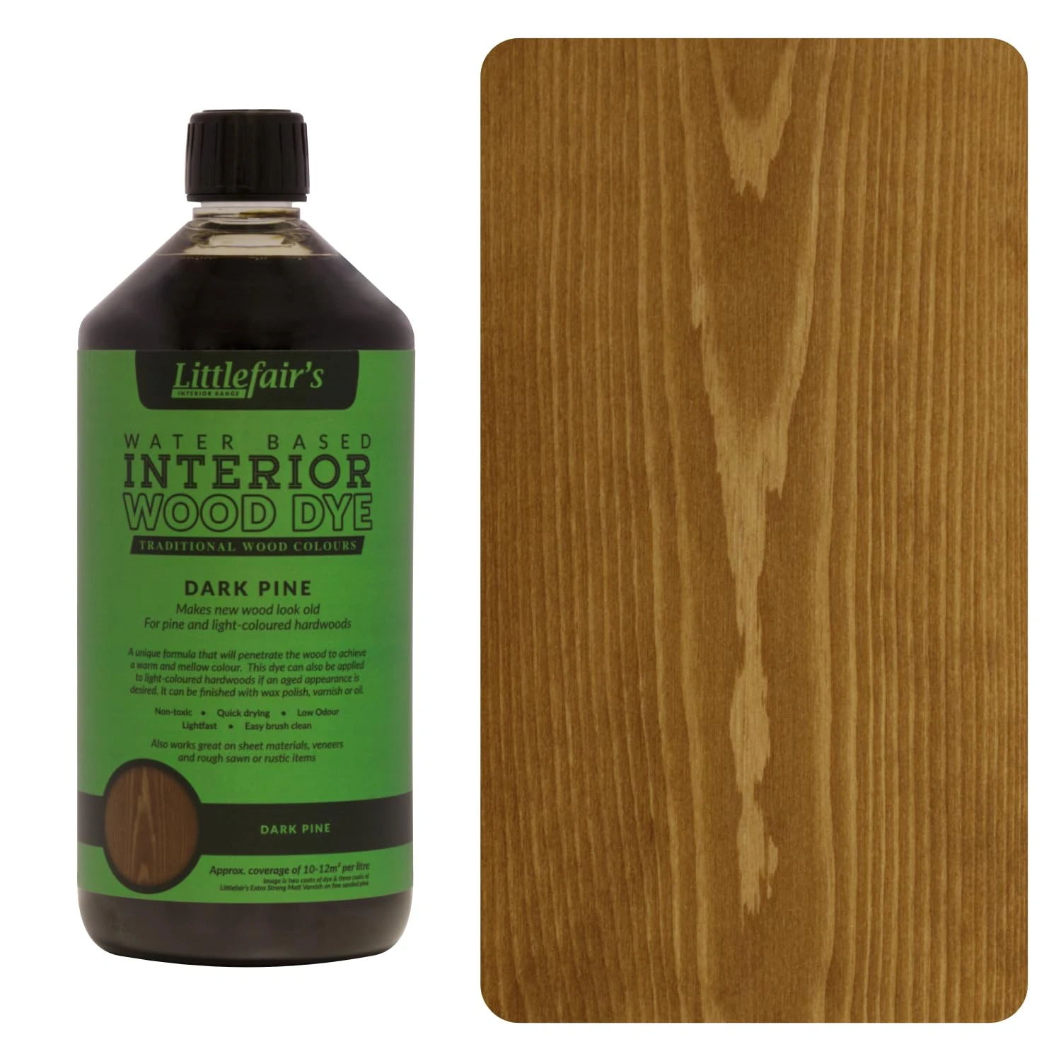 Littlefair's Wood Stain Water Based - 1 LTR - Indoor Furniture Stain Light & Dark Finishes - Special Non Toxic & Eco Friendly Formula - Wood Stain for Crafts - Color: Dark Pine