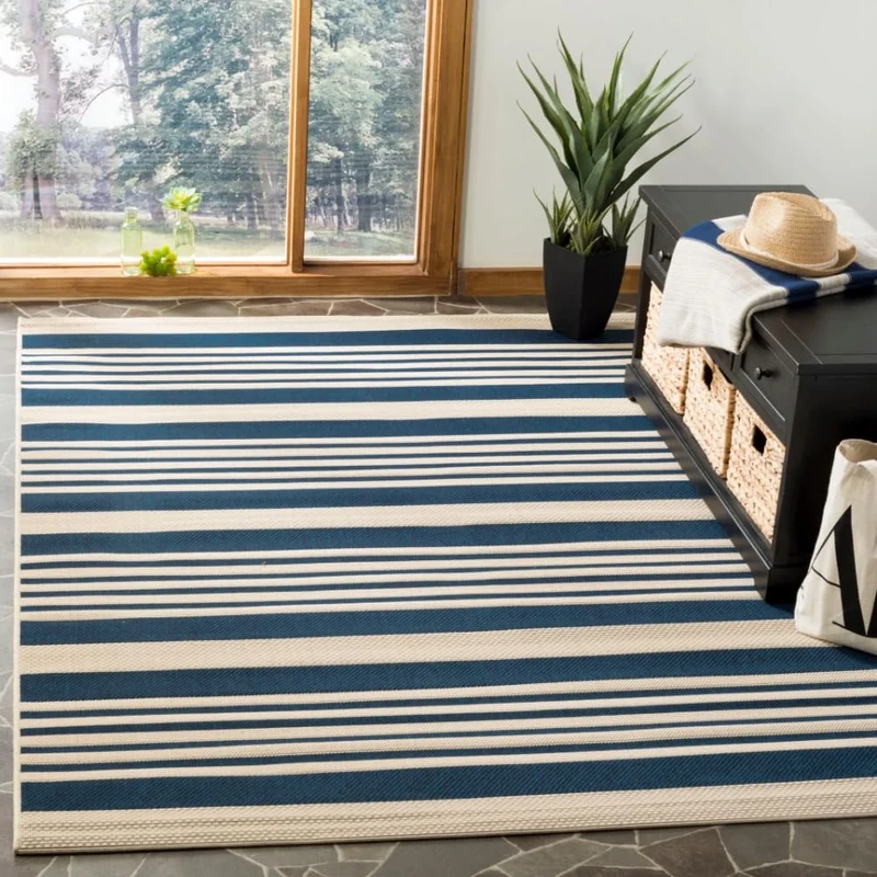 Safavieh Striped Indoor/Outdoor Woven Rectangle Area Rug, Courtyard Collection, CY6062, in Navy / Beige, 201 X 290 cm for Garden, Patio or Any Outdoor Space