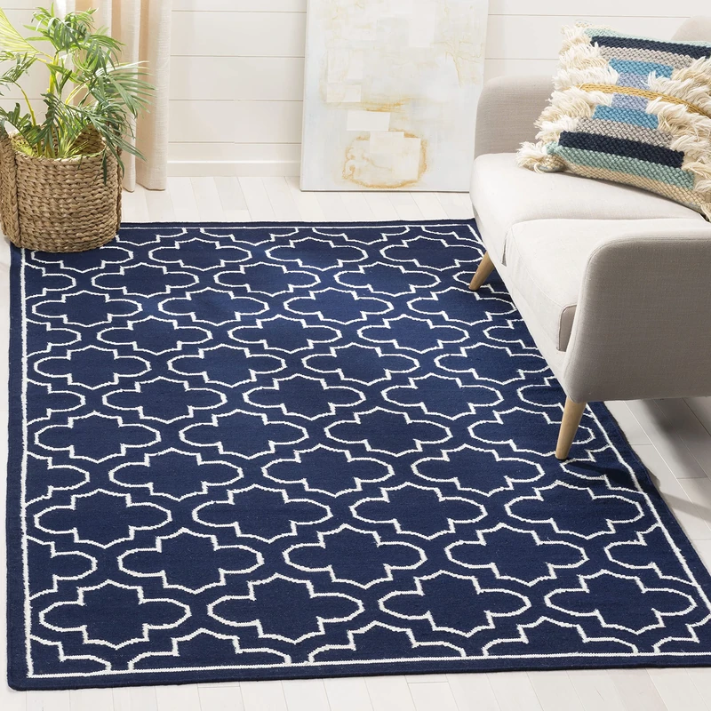 Safavieh Contemporary Indoor Flatweave Rectangle Area Rug, Dhurrie Collection, DHU625, in Navy / Ivory, 122 X 183 cm for Living Room, Bedroom or Any Indoor Space