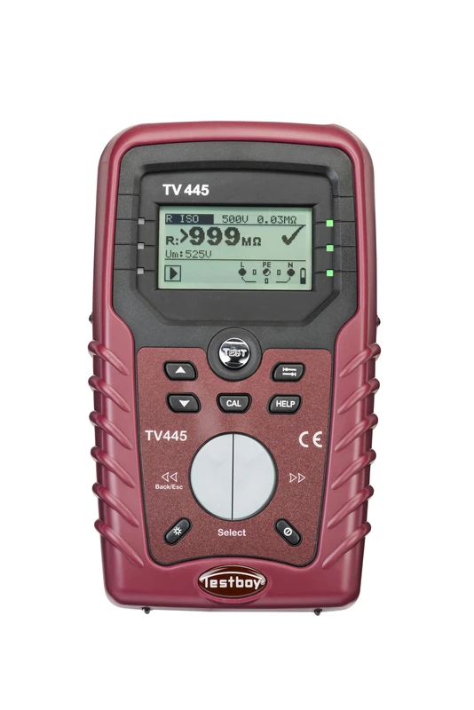 Testboy TV 445 installation tester DIN VDE 0100-600 (specific help screens, LCD with backlight, robust plastic with integrated holding magnet, good/bad statement), red/black
