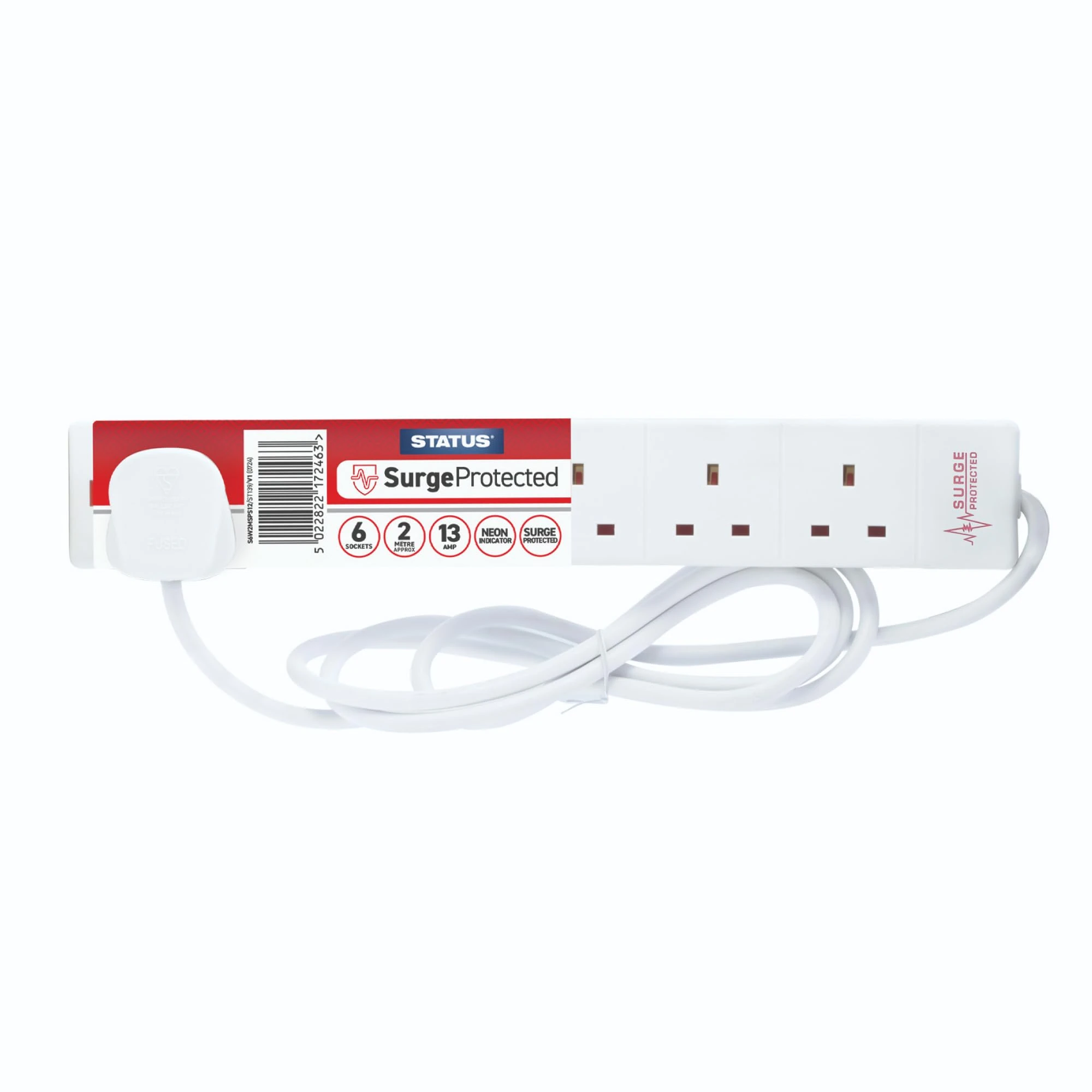 STATUS 6 Socket Surge-Protected Extension Lead, 2m Cable with Neon Power Indicator, 13A 3120W Rated Multi-Plug Strip, White (S6W2MSPS12)
