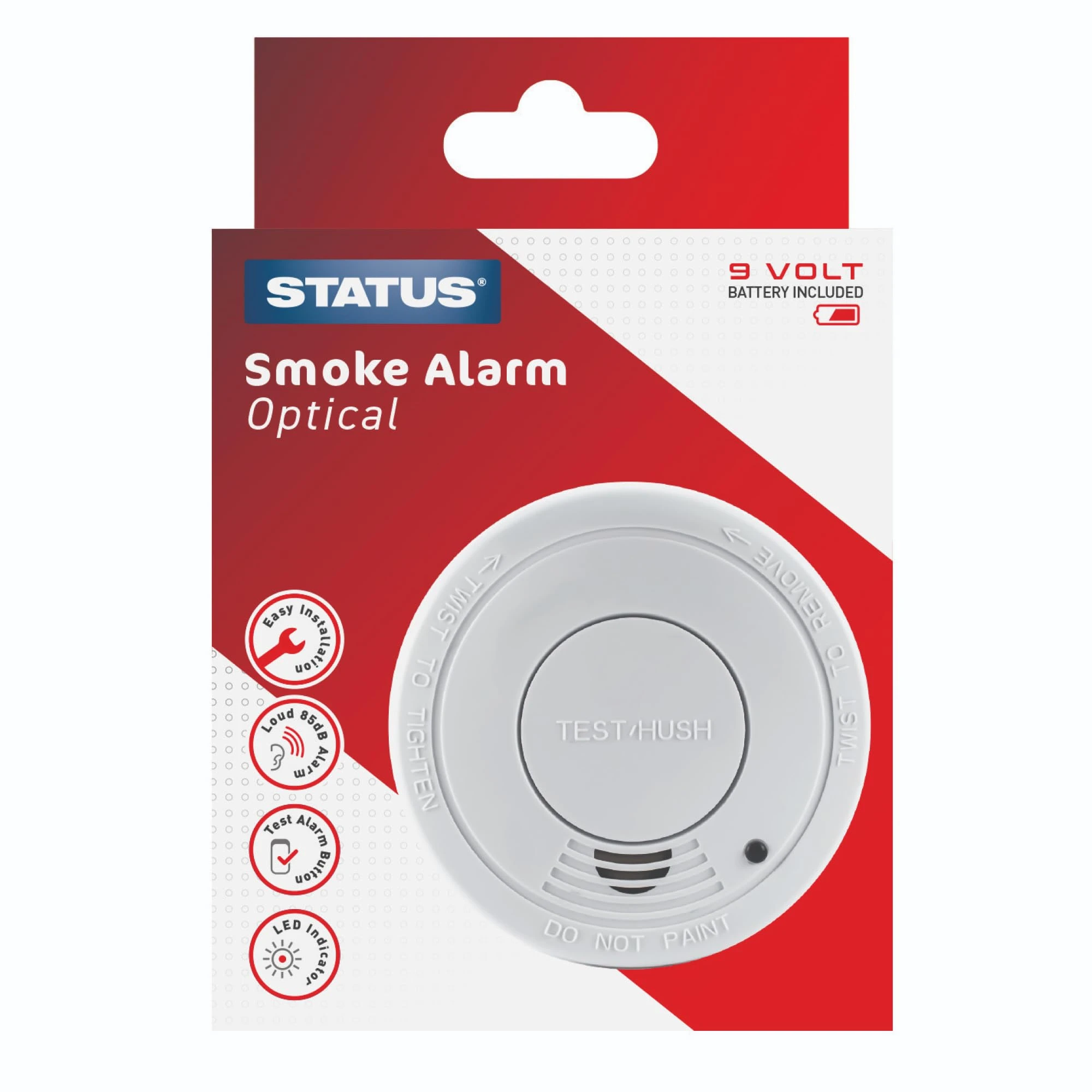 STATUS 9V Photoelectric Smoke Alarm, Battery Operated Fire Detector for Home Bedroom Kitchen Hallway, Includes 9V Battery, Easy Test Button, Low Battery Warning, (9VDCPESA5)