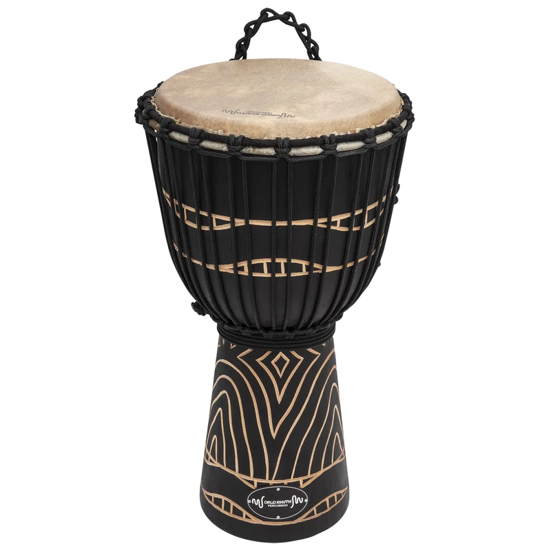 World Rhythm 40cm (16”) Djembe Drum with 8" Goatskin Head - Rope Tuned Hand Carved African Style Drum, Swirl Black Finish for Performers, Drum Circles, Group Workshops