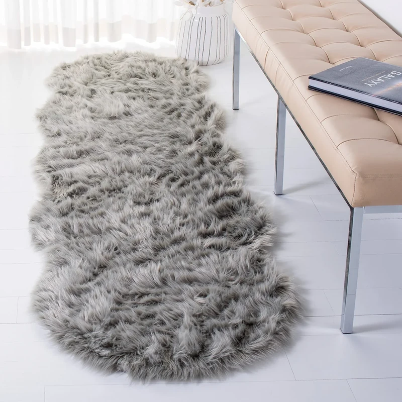 Safavieh Faux Sheepskin Indoor Woven Runner Area Rug, Faux Fur Collection, FSS115, in Grey, 76 X 244 cm for Living Room, Bedroom or Any Indoor Space