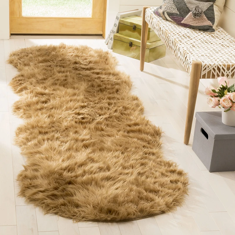 Safavieh Faux Sheepskin Indoor Woven Runner Area Rug, Faux Fur Collection, FSS115, in Camel, 76 X 244 cm for Living Room, Bedroom or Any Indoor Space