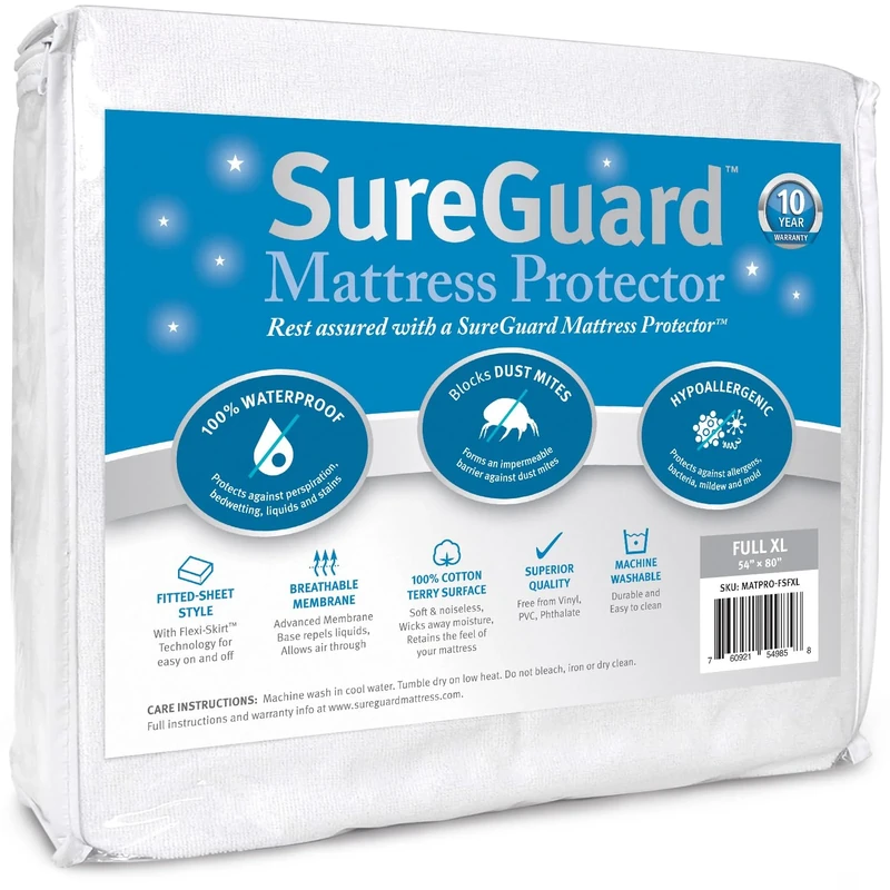 SureGuard Full Extra Long (XL) Mattress Protector - 100% Waterproof, Hypoallergenic - Premium Fitted Cotton Terry Cover
