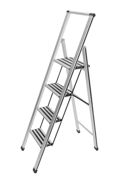 WENKO 601013100 Aluminium Design Folding Stepladder 4-Step - Household Ladder, Aluminium, 44 x 153 x 5.5 cm, Silver matt