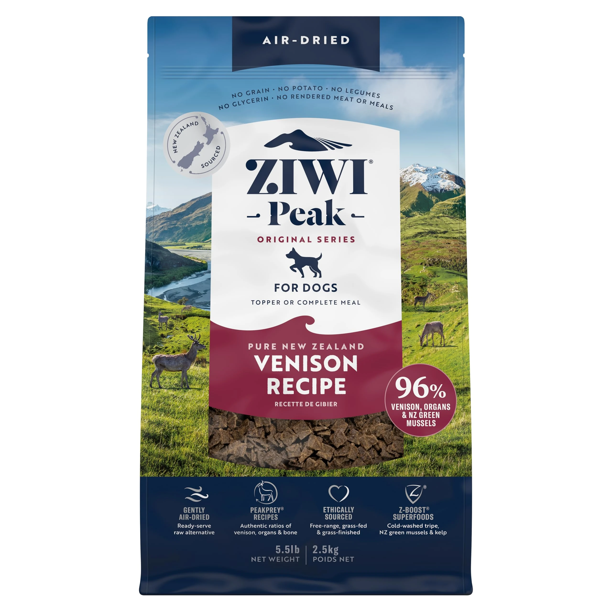 ZIWI Peak Dry Dog Food (Air-Dried) - Complete Grain Free Dog Food Dry - Raw Alternative & Toppers for Puppy/Adult/Senior - New Zealand Venison Recipe - 2.5kg