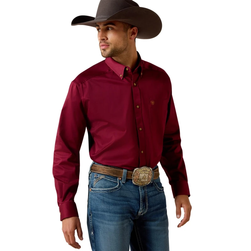 ARIAT Men's Solid Twill Shirt-dotd, Burgundy, Large