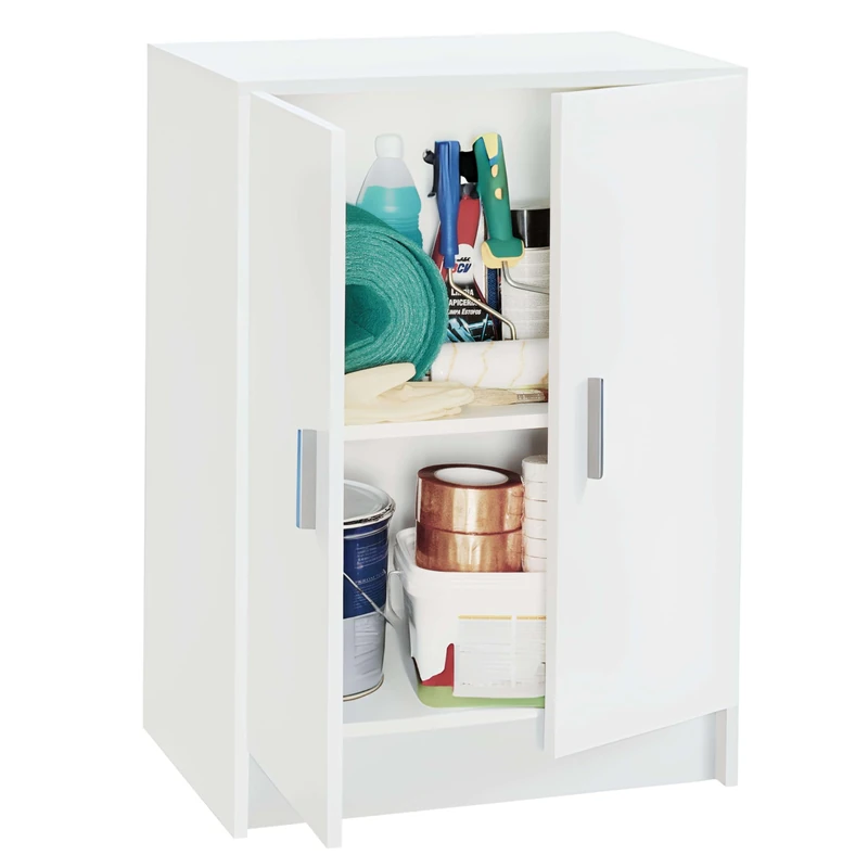 Low Multipurpose Cabinet, 2 Doors, Finished in White Color, Measures: 59 cm (Width) x 80 cm (Height) x 37 cm (Depth)