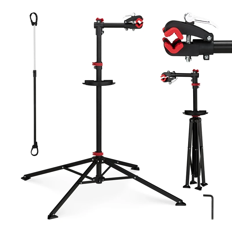 Relaxdays Bicycle Stand with Tool Storage, for Bike Maintenance & Folding and Adjustable, w 4 Legs, Steel, Black