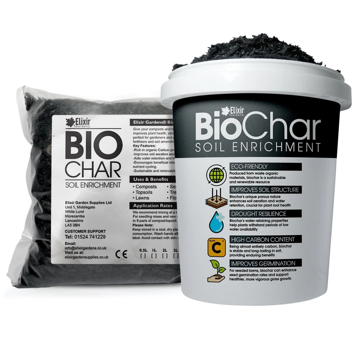 Elixir Gardens BioChar Organic Soil Improver, Enricher & Conditioner | Active Carbon Charcoal Topsoil & Compost Enchancer for Planting, Potting & Terrariums | 7.5L Tub