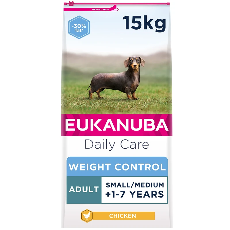 Eukanuba Weight Control Low Fat Complete Dry Dog Food for Adult Small and Medium Breeds with Chicken 15 kg
