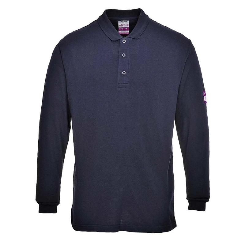 Portwest FR10 Men's Flame Resistant Anti-Static Long Sleeve Polo Shirt - Lightweight Fireproof Welding ESD FR Safety Workwear, Navy, XXL