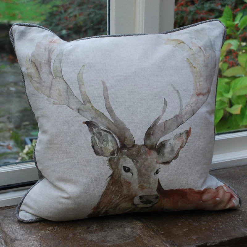 Voyage Maison Gregor Feather Filled Cushion – Hand-Painted British Nature Inspired Stag Design (Linen - 50x50cm) - Image 1