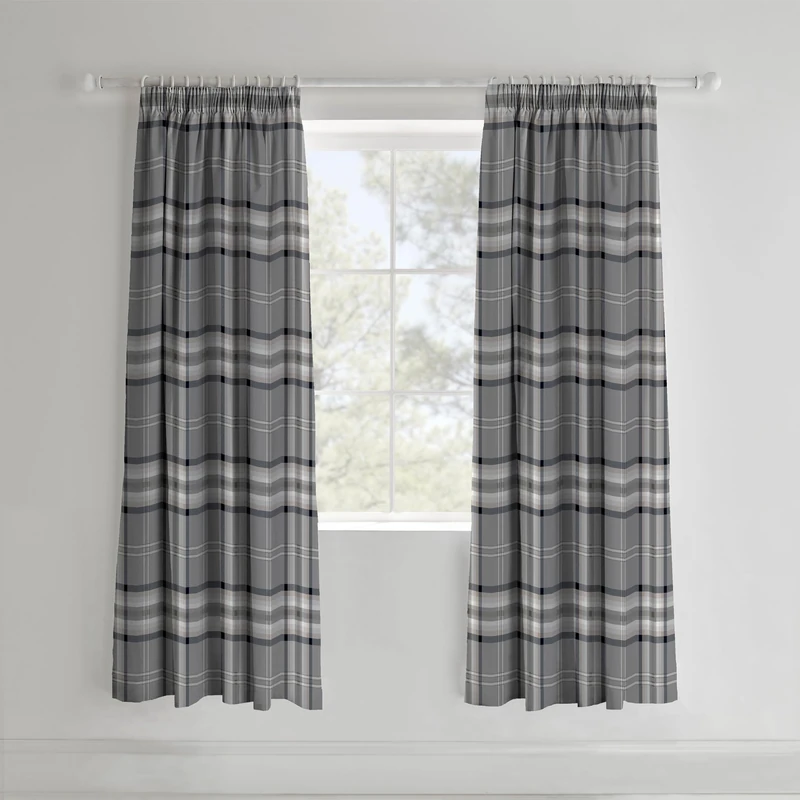 Catherine Lansfield Kelso Check 66x72 Inch Lined Pencil Pleat Curtains Two Panels Charcoal Grey
