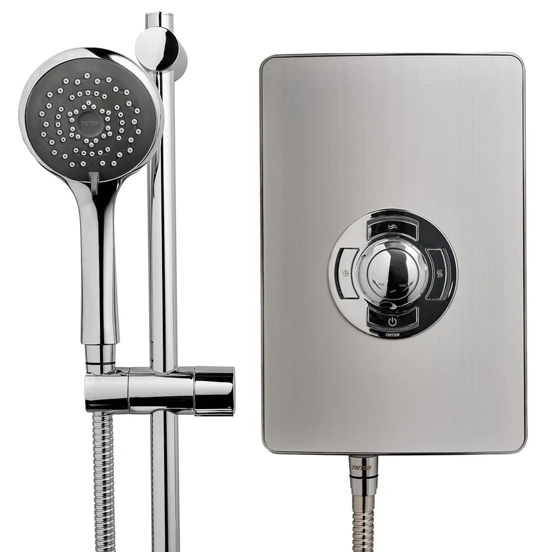 Triton Showers Collection 2 | Shower Electric | 8.5 KW | Triton Showers Aspirante I Brushed Steel I Electrical Showers | with Showerhead and Anti Twist Hose | Best Electric Shower Units for Bathrooms