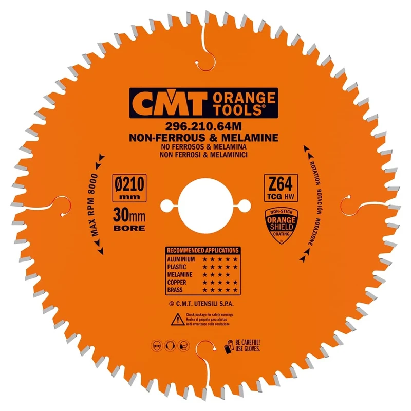 CMT 296.210.64M - Non-Ferrous Metal, PVC and Melamine Blade and 8-1/4-Inch by 64 Teeth TCG Grind with 30mm Bore