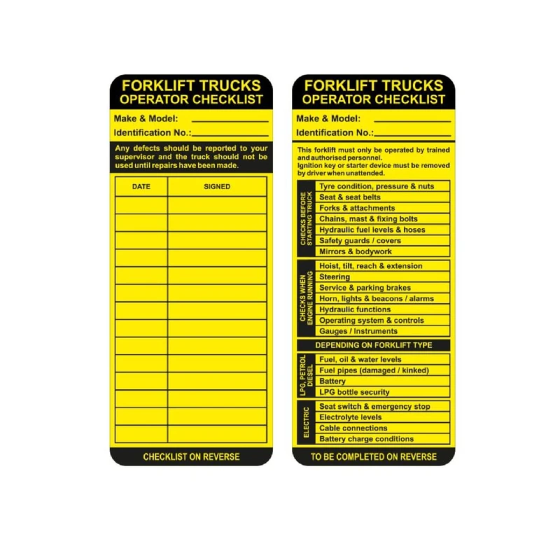 Forklift Truck Operator Safety Tags Pack of 50 Checklist On Reverse Polypropylene W75mm x H180mm