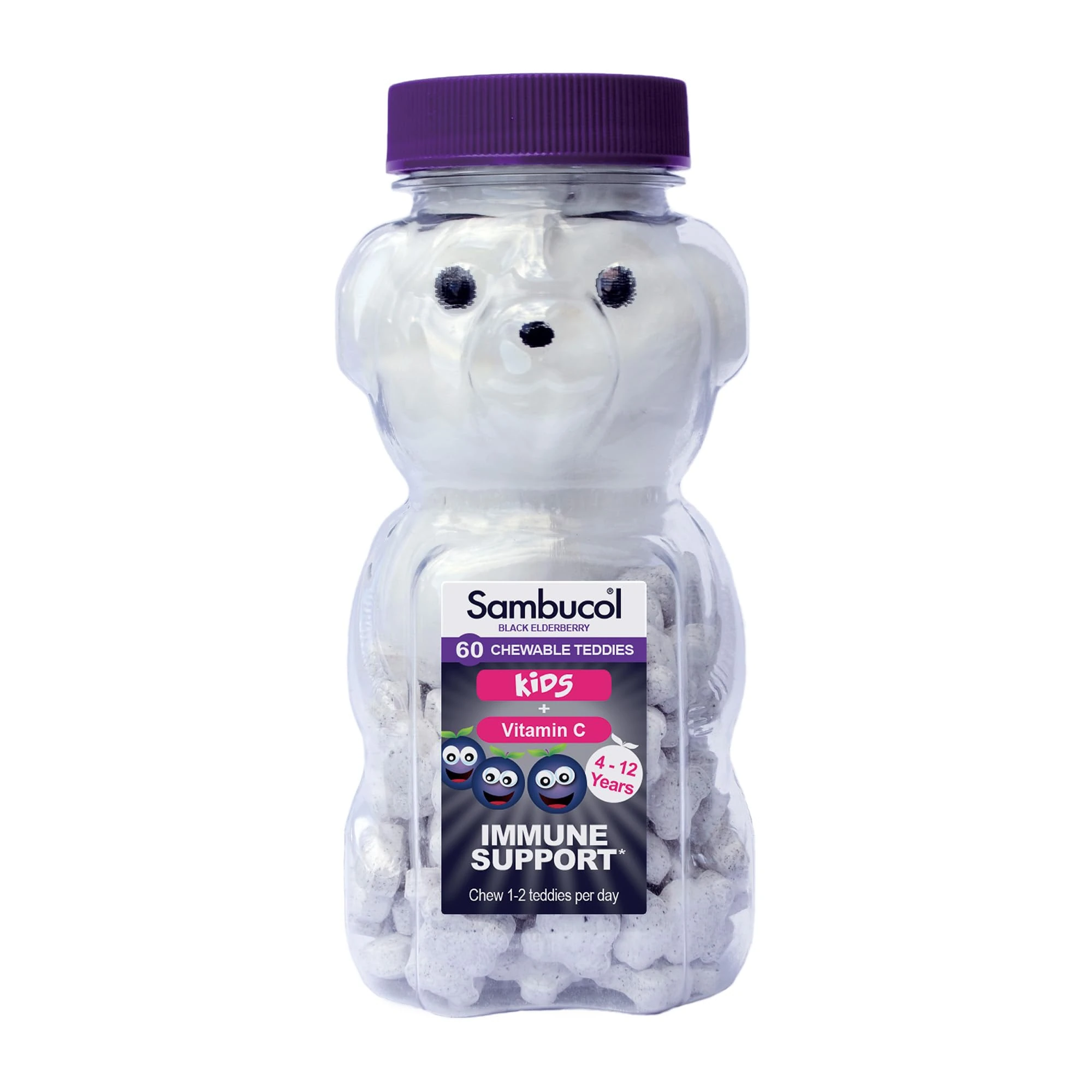 Sambucol Natural Black Elderberry Kids Chewable Teddies| Vitamin C | Immune Support Supplement | 60 tablets