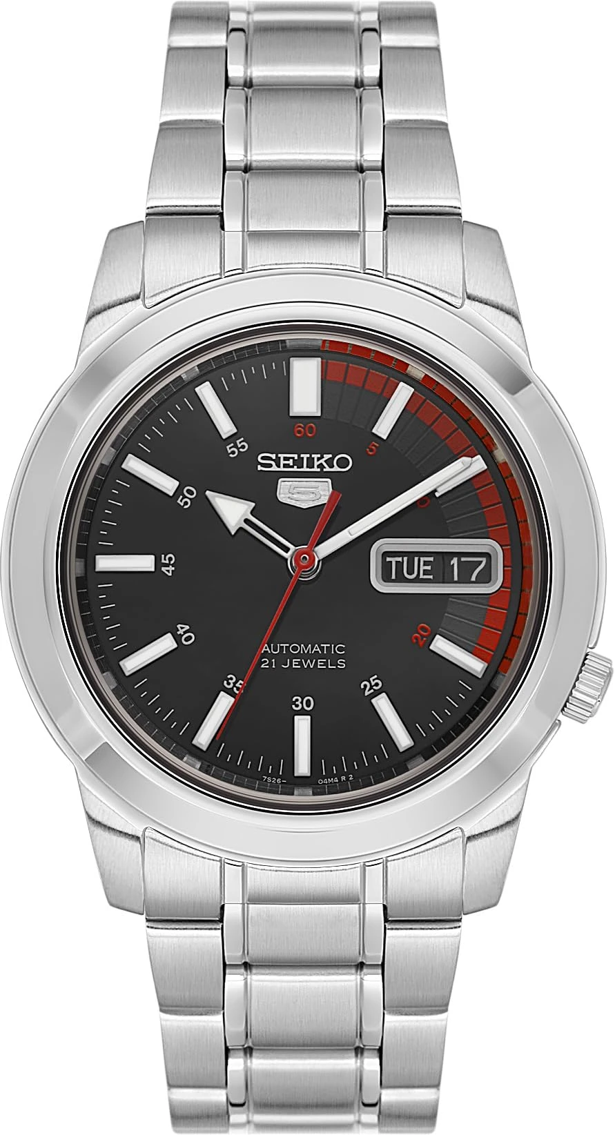 SEIKO SNKK31 Automatic Watch for Men 5-7S Collection - Black Dial with Contrast, Day/Date Calendar, Luminous Hands, Stainless Steel Case & Bracelet, Black - SNKK31, Mechanical,Automatic Watch