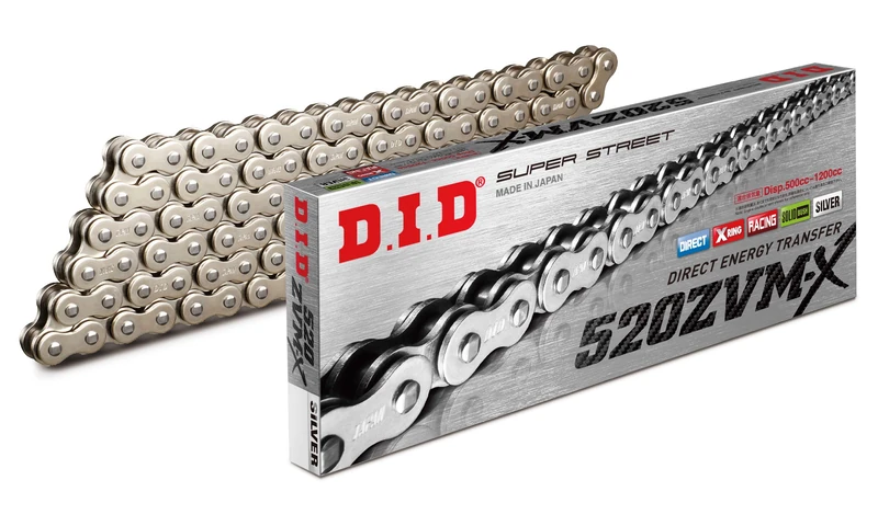DID Chain 520 ZVMX, 112 links X-Ring (Chrome), open, with rivet link.