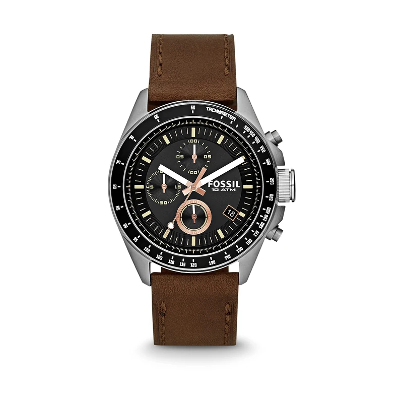 Fossil Watch for Men Decker, Quartz Chronograph Movement, 44 mm Silver / Steel Stainless Steel Case with a Leather Strap, CH2885