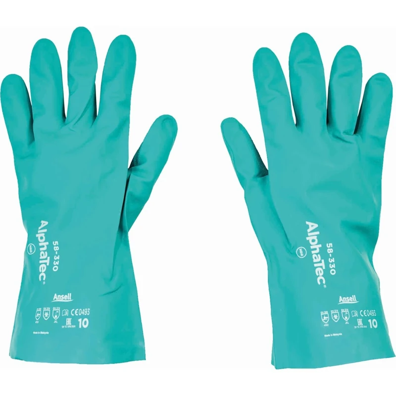 Ansell AlphaTec 58-330 Chemical Resistant Work Gloves, High Performance Nitrile, Two-Layered Coating Construction, Industrial Safety PPE Men Women, High Protection, Green, Size M (12 Pairs)