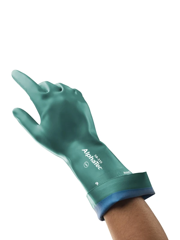Ansell AlphaTec 58-335 Chemical Resistant Work Gloves, High Performance Nitrile, Two-Layered Coating Construction, Industrial Safety PPE Men Women, High Protection, Green, Size S (12 Pairs)