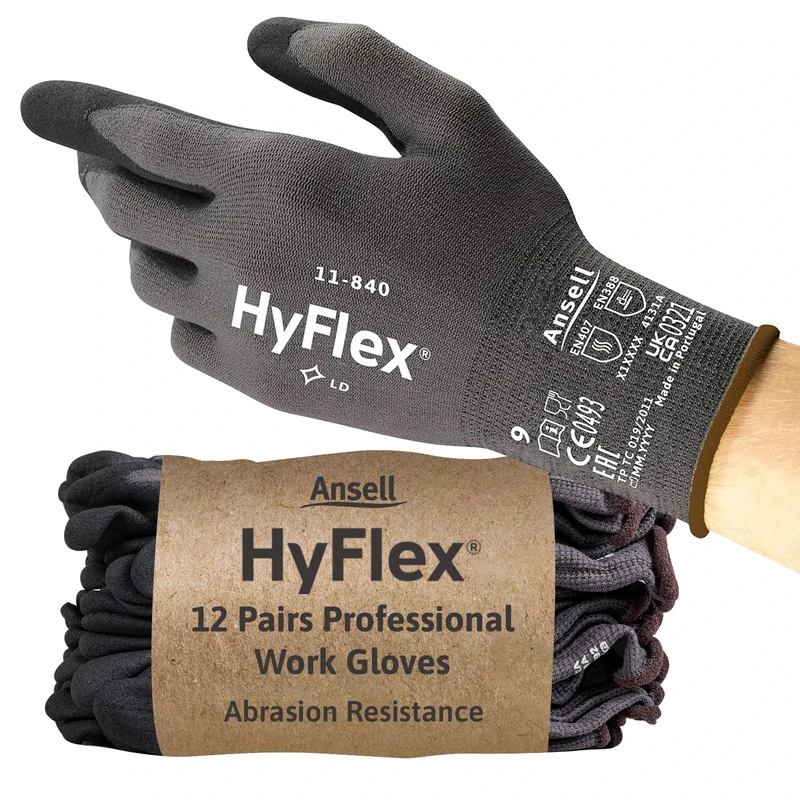 Ansell HyFlex 11-840, Professional Work Gloves, Abrasion Resistant Nitrile Coating with Firm Grip, Multipurpose, Industrial Safety Gloves, Black X-Small, 12 Pairs