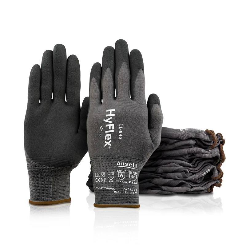 Ansell HyFlex 11-840, Professional Work Gloves, Abrasion Resistant Nitrile Coated, Breathable, Firm Grip, Multipurpose, Industrial, Black, XL (Pack of 12 Pairs)