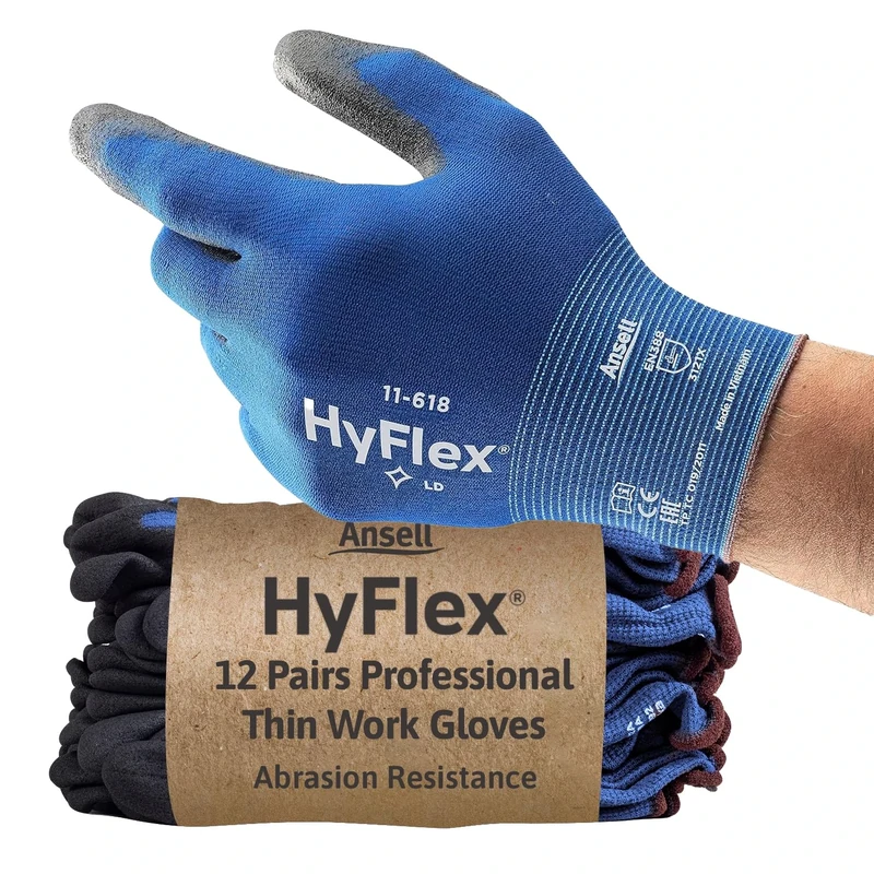 Ansell HyFlex 11-618 Mechanics Gloves, Abrasion-Resistant PU Coating Protective Gloves, Safety Gloves for Precision Handling, Touchscreen Compatible Blue Gloves, Ultra-Thin Work Gloves Large, 12 Pairs