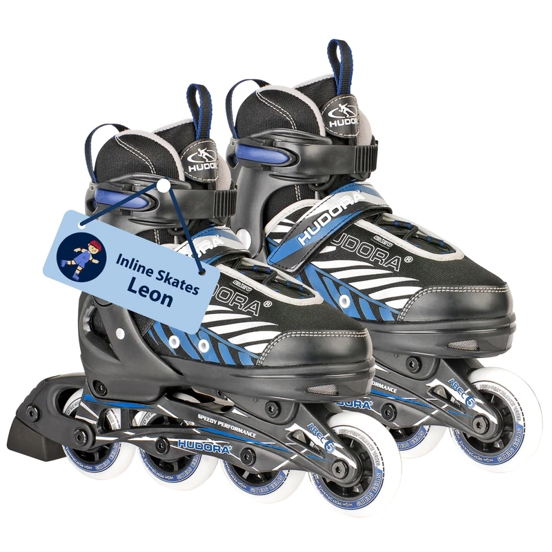 Hudora Inline Skates Leon - Inline skates for children/teenagers & adults in black/blue - Roller skates adjustable up to 4 sizes - Comfortable & stylish skates -size 33-36