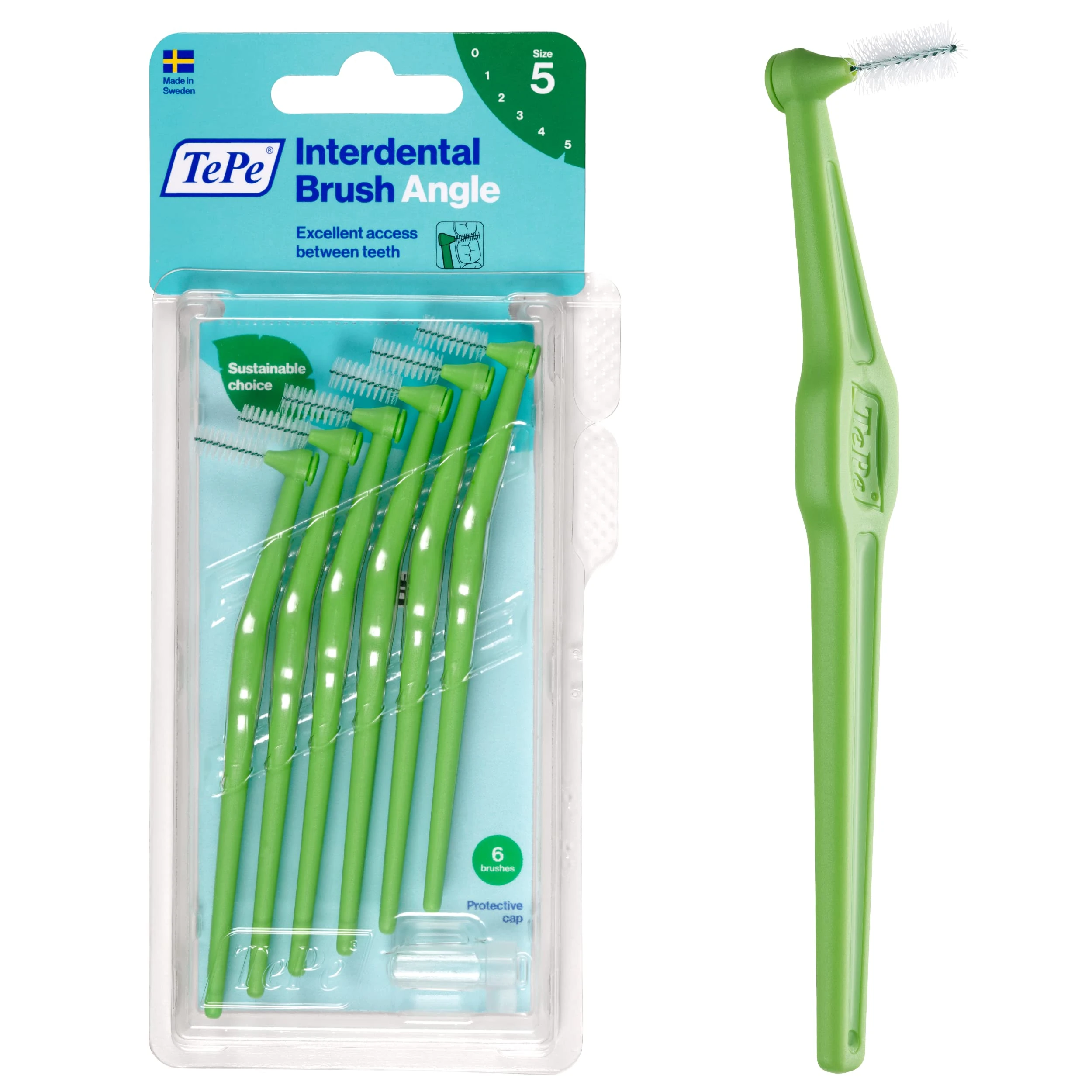 TePe Interdental Brush Angle, Green, 0.8mm/ISO 5, 6pcs, Plaque Remover, Easy and efficient Cleaning Between Teeth, Tooth Floss for Small Gaps