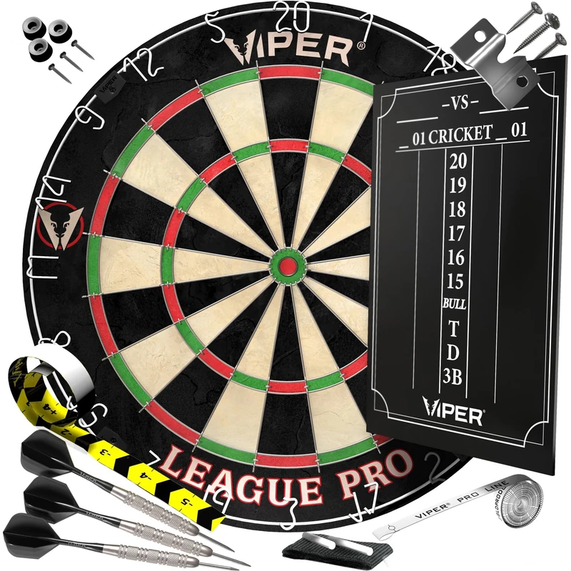 Viper League Pro Regulation Bristle Steel Tip Dartboard Starter Set with Staple-Free Bullseye, Radial Spider Wire, High-Grade Sisal with Rotating Number Ring, Chalk Cricket Scoreboard, Steel Tip Darts