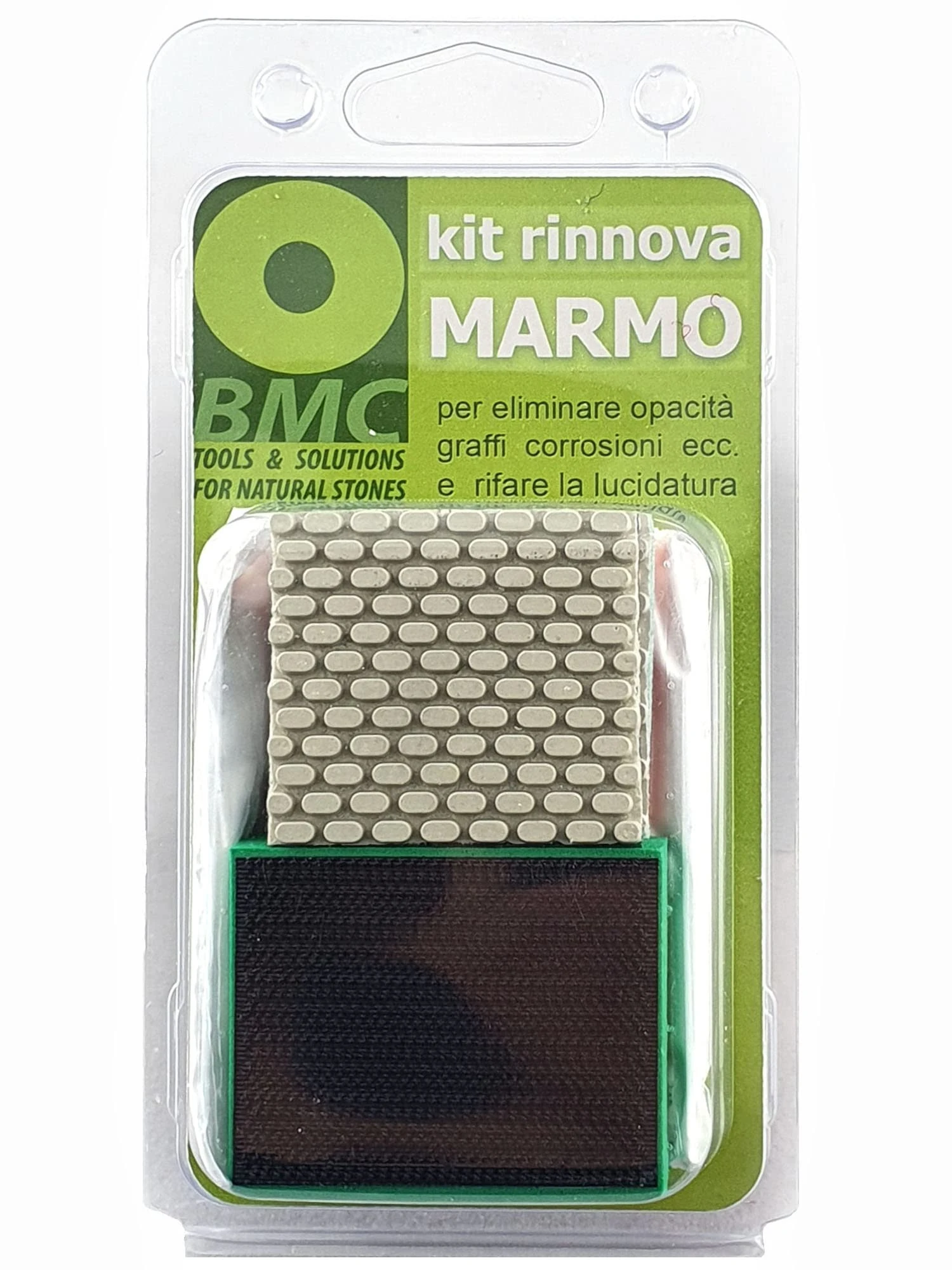 BMC Mable Restore Kit - hand marble polishing kit with mini diamond pads 4 grits for sanding coarse, medium, fine and polishing marble and limestone with polishing powder. To be used by hand