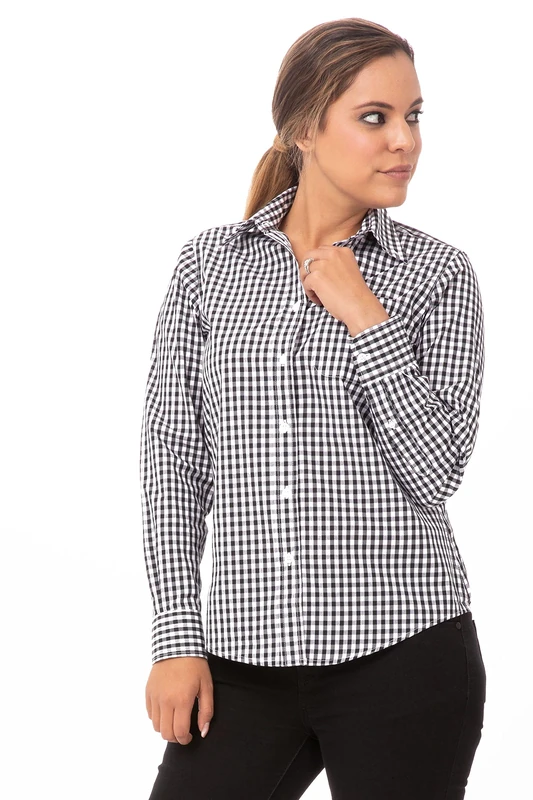 Chef Works Women's Gingham Dress Shirt, Black & White Check, XX-Large