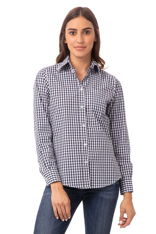 Chef Works Women's Gingham Dress Shirt, Navy & White Check, Medium