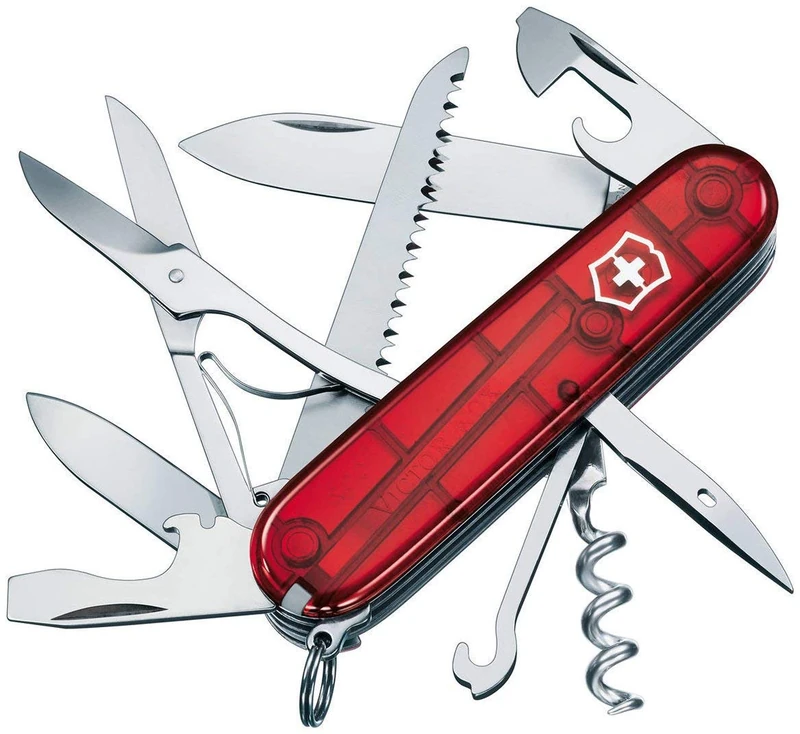 Victorinox Huntsman Swiss Army Knife, Medium, Multi Tool, Camping Knife, 15 Functions, Large Blade, Bottle Opener, Red Transparent