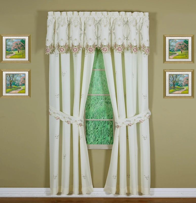 Today's Curtain Verona Reverse Embroidery Window Panel Pair and Tiebacks, 84-Inch, Ecru/Rose