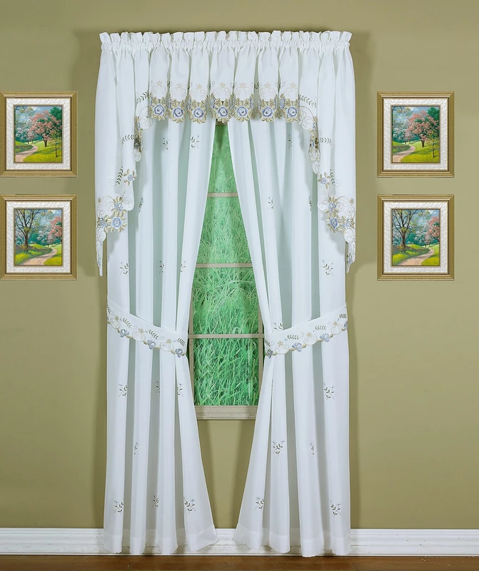 Today's Curtain Verona Reverse Embroidery Window Panel Pair and Tiebacks, 72-Inch, White/Blue